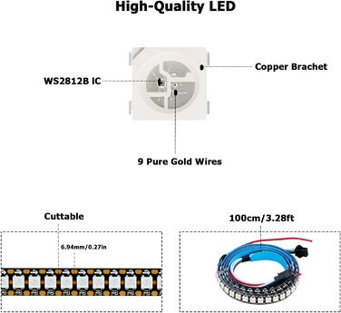 Світлодіодна стрічка YUNBO WS2812B RGB, 144 пікселів 1 метр чорна друкована плата з індивідуальною адресною світлодіодною стрічкою 5050 SMD 5V Dream Color IP20 Неводонепроникна світлодіодна стрічка для різання