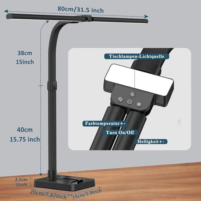 Настільна лампа з подвійною головою Світлодіодна лампа з регулюванням яскравості, настільна лампа 24 Вт 80 см велика та яскрава, настільна лампа для захисту очей Офісна лампа чорна, настільна лампа на гусячій шиї Моніторна лампа з 25 режимами освітлення (