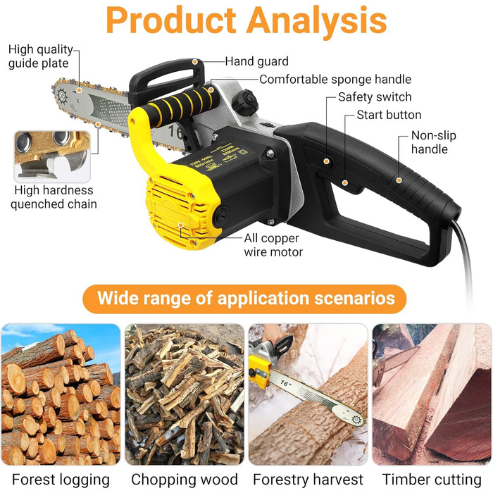Електрична ланцюгова пила Shienfir, 2200 Вт, довжина різання 40,5 см, автоматичне натягування ланцюга, мідний двигун Електричний автоматичний розпилювач масла Практична пила по дереву для використання в саду та будівельних роботах