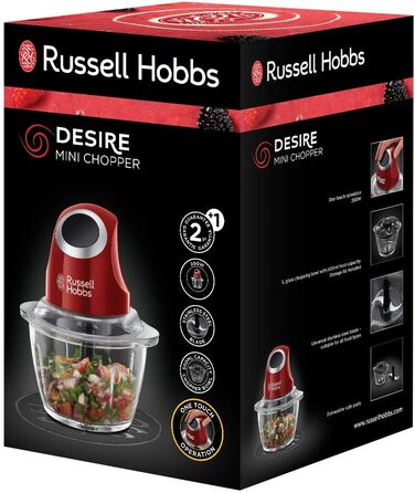 Електричний подрібнювач Russell Hobbs скляний контейнер з кришкою для зберігання Desire Red (500 мл, подрібнювач овочів, блендер, мульти-& універсальний подрібнювач овочів, фруктів і м'яса) 24660-56