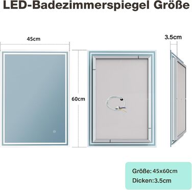 Дзеркало для ванної кімнати з підсвічуванням, 45x60 см Дзеркало для ванної кімнати з підсвічуванням, сенсорний вимикач, функція пам'яті, вибухозахищене скло, IP44 LED дзеркало для ванної кімнати, горизонтальне/вертикальне 45L x 60B см