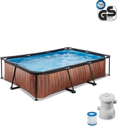 Басейн EXIT Toys Wood Pool - 300x200x65 см - Прямокутний, компактний каркасний басейн з картриджним фільтруючим насосом - Легкий доступ - Підходить для маленьких дітей - Міцний каркас - Унікальний дизайн - Коричневий