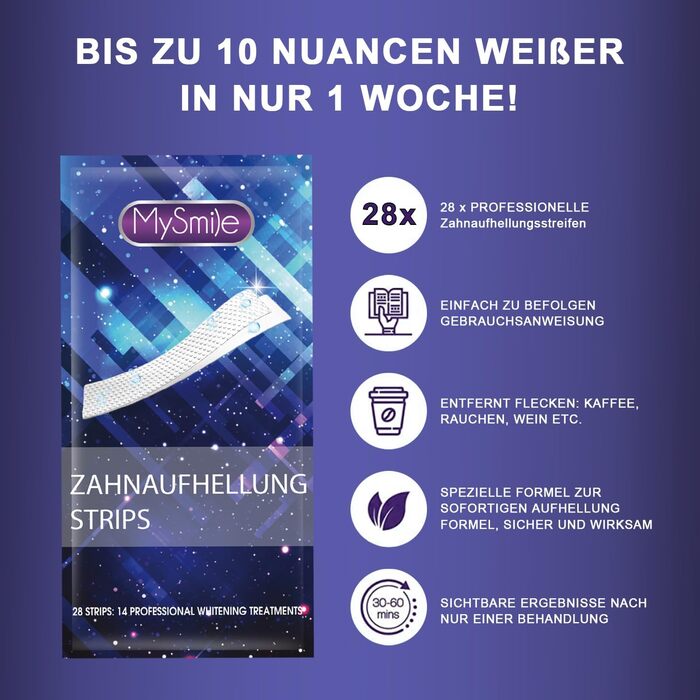 Відбілюючі смужки для відбілювання зубів MySmile, 28 відбілюючих смужок для зубів без перекису з нечутливою формулою, безпечні для випадання зубів, 14 сеансів відбілювання, глибоке видалення плям фіолетовий 28 шт. (1 упаковка)