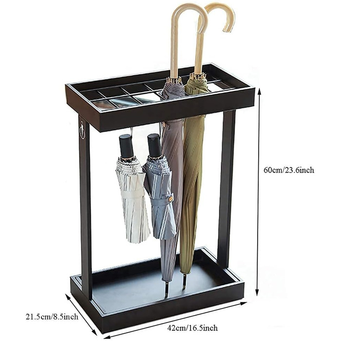 Сучасна креативна багатоцільова підставка для парасольок TEmkin, металева підставка для парасольки з гачками для піддону для води, стійка для парасольок для великих маленьких, 16,5 дюймів L 8,5 дюймів Ш 23,6 дюймів H, чорний Feito NA Китай (чорний) Чорний
