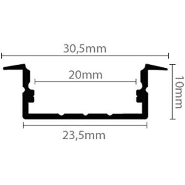 Світлодіодний вбудований профіль WIDE-IN-20 алюмінієвий сріблястий для світлодіодних стрічок в т.ч. кришка прозора або молочного кольору, для світлодіодних стрічок до 20 мм монтажна стрічка (профіль 2 м чорний матова кришка)