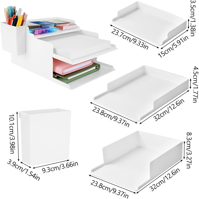 Рівневий лоток для листів, пази SHAIDOJIO, які можна складати з тримачем для ручки, офісний лоток для документів формату A4, органайзер для білого столу, настільний лоток для листів Отвори для листів Журнали Канцелярське приладдя, 3-