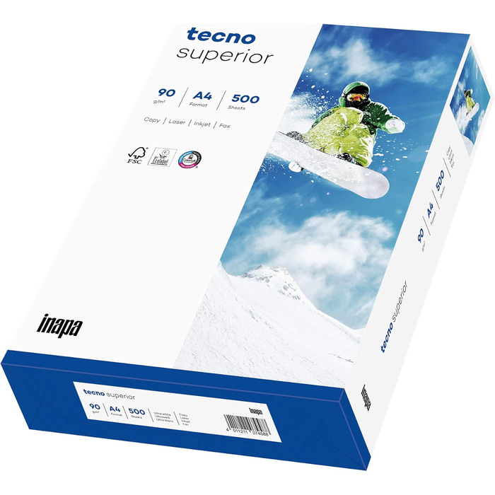 Принтер/копіювальний папір Tecno Superior 90 г/м, формат A4, 2 500 аркушів (5x500), яскраво-білий