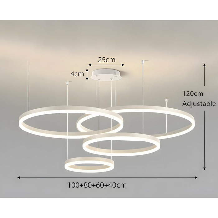 Металева світлодіодна люстра WayLuoung 3 кола 204060см Стельовий підвісний світильник 45 Вт, пульт дистанційного керування з регулюванням яскравості 3000-6000K, підвісний світильник з акриловим абажуром, вітальня Спальня Фойє Їдальня (білий, 4100806040см