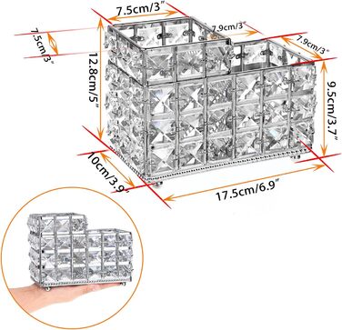 Кришталевий Тримач для макіяжу Скло Металева чашка для ручки Органайзер для макіяжу Зберігання для пензлика Підводка для очей Губна помада для спальні Офіс Стільниця ванної кімнати (2 слоти, срібло)