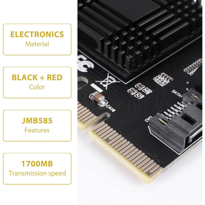 До 5-портового контролера SATA III 6 Гбіт/с Карта розширення комп'ютера JMB585 з 5 кабелями, чорний і червоний, 500030299