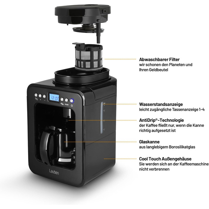 Кавоварка Lauben Grind&Drip 600BB, Кавоварка з вбудованою кавомолкою, Фільтр, що миється, Автоматичне відключення, Протикрапельна технологія, Вміст 4 чашки