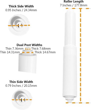 Тримач туалетного рулону (17,8 см), білий - Пластиковий (підпружинений) Запасний стрижень шпинделя - Подовжувач рулону для надвеликих рулонів рушників для ванної кімнати