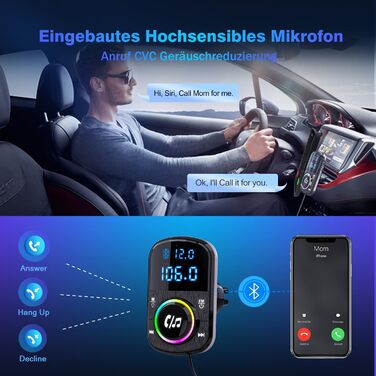 Автомобільний адаптер Bluetooth GizmoVine, FM-передавач Bloototh Handsfree для автомобільного радіо, підтримка мобільного телефону гучного зв'язку, швидка зарядка, музичний MP3-плеєр, SD-карта з вимикачем світла BC71 48 Вт кабель чорний