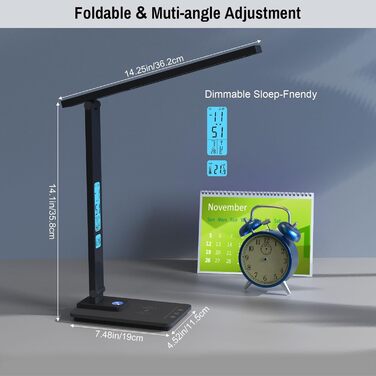 Світлодіодна настільна лампа ErayLife з бездротовим зарядним пристроєм 10 Вт / нічником / будильником / календарем / 5 яскравістю/5 колірними температурами Приємна для очей настільна лампа з сенсорним керуванням для домашнього офісу, чорний 10 Вт-Чорний