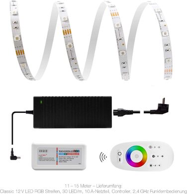 Класична світлодіодна стрічка 12 В IP20 RGB 30 LED/m 5050 2.4 ГГц бездротовий комплект і блок живлення 14 м