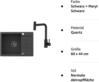 Раковина VBChome Чорна зі змішувачем 60 x 44 см Гранітна одинарна раковина Врізна раковина Крапчаста двостороння композитна раковина сифон Змішувач для раковини Змішувач одноважільний (чорний Meryl Black)