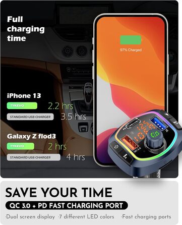 Автомобільний MP3-плеєр TYKEVO Bluetooth Автомобільна запальничка FM-передавач з двома USB-портами (Quick Charge QC 3.0, флешка) Слот для карти пам'яті типу C PD TF з напругою акумулятора (синій)