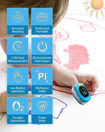 Портативний монітор насичення крові киснем HealthTree на кінчику пальця, педіатричний пульсоксиметр з OLED-екраном, 2 батарейки типу ААА в комплекті, підходить для немовлят і дітей синього кольору