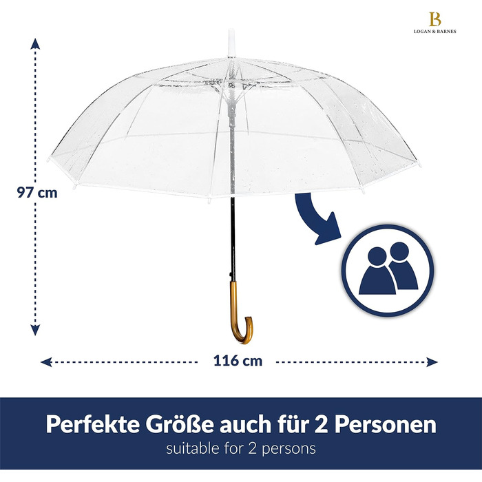 Прозора парасолька LOGAN & BARNES весільна з високоякісною ручкою з натурального дерева Ø120 см - Елегантна велика парасолька 2 особи прозора XXL - модель CARDIFF XL - 120 см прозора - білий край