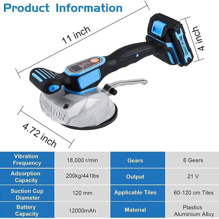 Вібраційний інструмент для плитки Kadxyan, електричний плиточник на присосках, ручний вібратор для монтажного інструменту, 6 регульованих швидкостей, 12 см присоска, цифровий дисплей, з 2 батареями