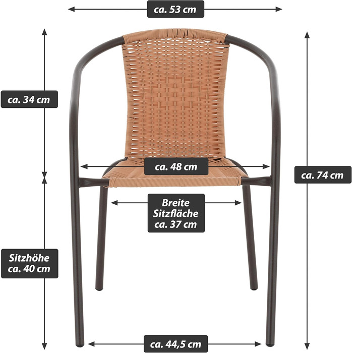 Торговий набір з 2 стільців бістро Стілець для укладання Балконне крісло Ротангове крісло Садове крісло Крісло для патіо Сталевий каркас з полі-ротанга, простий у догляді Штабельований світло-коричневий
