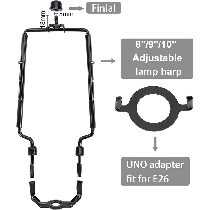 Комплекти абажура Тримач арфи 8 9 10 дюймів регульована лампа Арфа з 2 плафонами Торцева кришка Чорний рупор Рамка Кронштейн абажура, 2