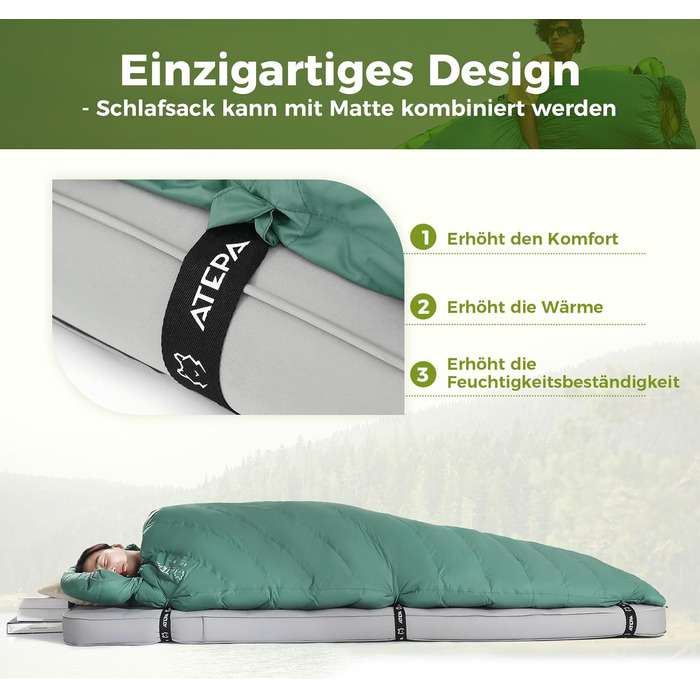 Пуховий спальний мішок ATEPA, спальний мішок на відкритому повітрі, спальний мішок-ковдра з пухом 600FP, водовідштовхувальний, спальні мішки для 4 сезонів, ідеально підходить для дорослих під час кемпінгу, подорожей та пригод Зелений