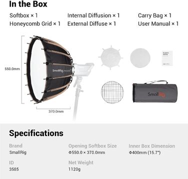 Швидкознімний софтбокс Studio Reflection, з кріпленням Bowens для SmallRig COB Video Light 120B 120D 220B 220D та Photo Studio Video Light - 3586 85 см / 33,5 (55 см / 21,6'), 85 Parabolic Softbox, 85