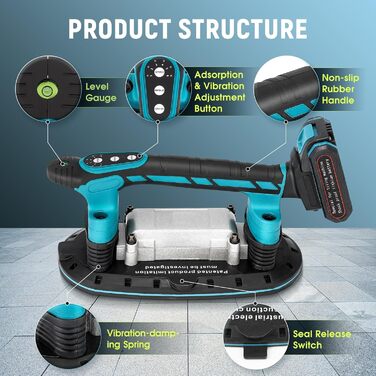 Вібраційний інструмент для плитки, вібратор для плитки з електричною подвійною присоскою, 6-швидкісний регульований вібраційний інструмент для плитки з акумулятором 2 x 12500 мАг, ручний вирівнювач 28000 об/хв Синій