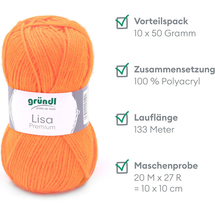 Пряжа Grndl Lisa Premium Uni Knitting & Chet Yarn (м'яка і схожа на шерсть, пряжа для в'язання, що легко миється, з 100 поліакрилу, 50 г/ 133 м, розмір голки 3,5 - 4,5, 10 клубків по 50 г кожен), (неоновий помаранчевий)