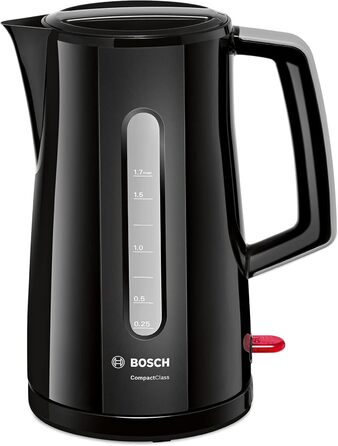 Акумуляторний чайник Bosch CompactClass TWK3A013, швидкий нагрів, індикатор рівня води з обох сторін, захист від перегріву, 1.7 л, 2400 Вт, чорний