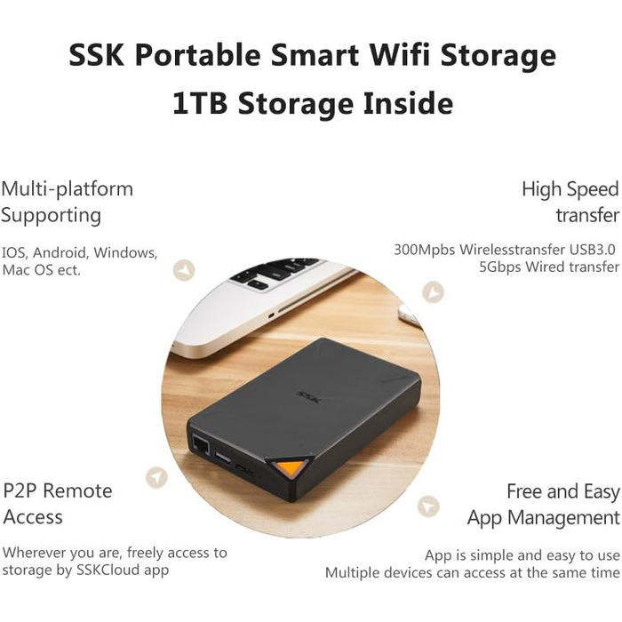 Портативний зовнішній бездротовий жорсткий диск NAS 2TB Персональне хмарне інтелектуальне сховище з власною точкою доступу WLAN, автоматичним резервним копіюванням, бездротовим віддаленим доступом до телефону/планшета/ноутбука HDD 2TB