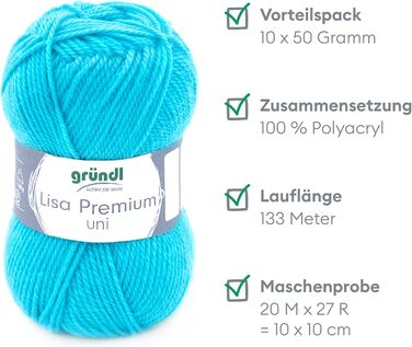 Пряжа Grndl Lisa Premium Uni Knitting & Chet Yarn (м'яка і вовняна пряжа, проста в догляді миється трикотажна пряжа з 100 поліакрилу, 50 г/ 133 м, розмір голки 3,5 - 4,5, 10 клубків по 50 г кожен), (бірюзовий)