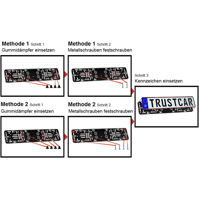 Тримач номерного знака TRUSTCAR Frameless 2 Pack - універсальний тримач номерного знака для автомобіля - сумісний з будь-яким номерним знаком, затвердженим ЄС - включаючи аксесуари для кріплення - 520 мм x 110 мм - чорний 2 шт. и