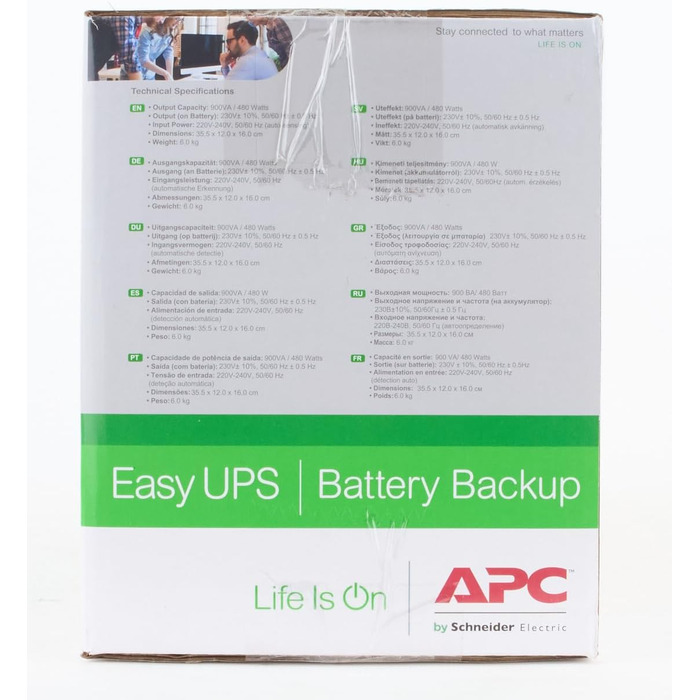 ДБЖ APC Easy UPS - BVX900LI-GR - джерело безперебійного живлення 900 ВА з виходами Schuko, запобіжник акумулятора та захист від перенапруг, резервний акумулятор зі стабілізатором стабілізатора, світлодіодні індикатори (900 ВА / 480 Вт, виходи IEC - IEC - 